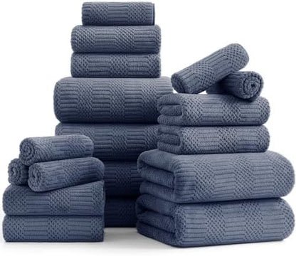 18 Pcs Purple Blue Family Towels Set-6 Bath Sheets,6 Hand Towels,6 Washcloths Soft Polyester Towels Absorbent Shower Towel Quick Dry Beach Chair Towel Lint Less Towels Set for Bathroom Spa Gym Hotel