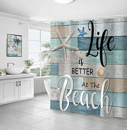 Beach Shower Curtain, Rustic Vintage Wood Ocean Quote Words Summer Fabric Decor Bath Curtain, Nautical Coastal Starfish Theme Bathroom Curtain Accessories with Hooks 72X72in