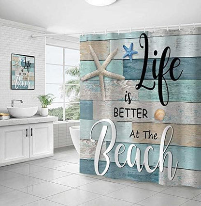 Beach Shower Curtain, Rustic Vintage Wood Ocean Quote Words Summer Fabric Decor Bath Curtain, Nautical Coastal Starfish Theme Bathroom Curtain Accessories with Hooks 72X72in