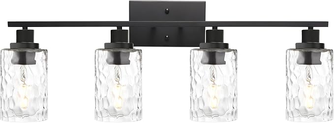 MELUCEE 4-Light Black Bathroom Vanity Light with Clear Hammered Glass | Wall Light Fixture Modern Wall Sconces Lamp for Powder Room Bedroom Kitchen Porch (Patent No.: US D963914 S)