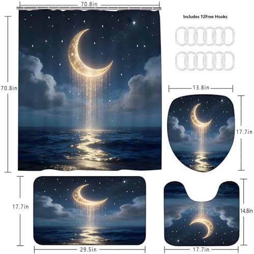 LQCOOL 4Pcs Moon Shower Curtain Set Blue and Gold Sea Bathroom Sets for Bathroom with Rugs Shower Curtain with 12 Hooks