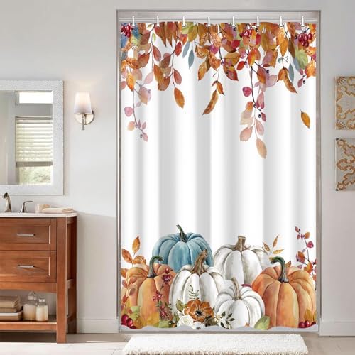 Fall Pumpkin Shower Curtain, Thanksgiving Autumn Maple Leaves Watercolor Floral Harvest Boho Bathroom Curtains with Hooks for Bathroom Bathtubs Decor, Waterproof Polyester Fabric 48x72