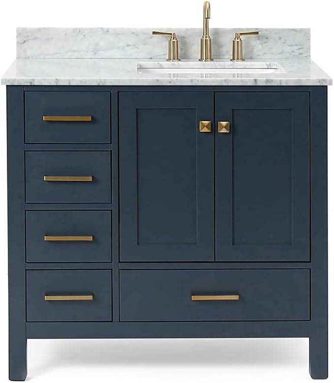 ARIEL Cambridge 36-inch Bathroom Vanity with Sink,Solid Wood, 0.75-inch Italian Carrara Marble Countertop, Single Rectangular Porcelain Sink, 2 Soft Closing Doors, 5 Dovetail Drawers, Midnight Blue