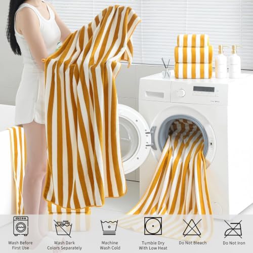 18 Pcs Yellow Stripe Bath Towel Set with Hanging Loop-6 Bath Towels,6 Hand Towels,6 Washcloths Soft Family Towel Set Bathroom Towel Highly Absorbent Quick Dry Shower Towel for Beach Spa Gym Hotel