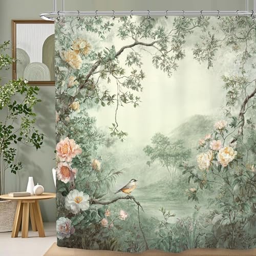 Vintage Flower Birds Shower Curtain 60Wx72L Inch Botanical Blossom Peony Cottagecore Green Leaves Scenery Bathroom Set Accessories Decor with 12 Pack Hooks