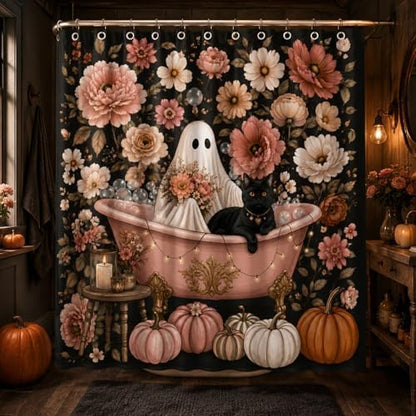 Halloween Shower Curtain, Black Cat Ghost Floral Bathroom Curtain, Autumn Pumpkin Decor Waterproof Polyester Fabric Shower Curtain with Hooks, 72x72 Inch