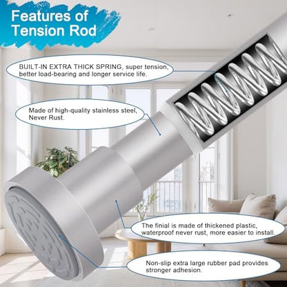 YNL Silver Shower Curtain Rod 32-64 Inch(2.7-5.33ft), Non-Slip, Never Rust, Stainless Steel No Drill Spring Tension Shower Rod, Adjustable Long Curtain Rod for Bathroom Window