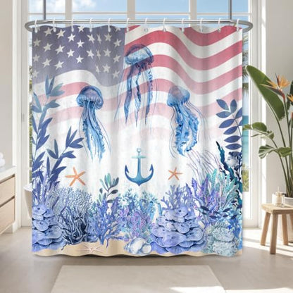 Machine Washable Underwater Jellyfish Ocean Shower Curtain with 12 Hooks