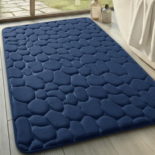 YIHOUSE Memory Foam Bath Mat Cobblestone Bathroom Rugs Super Water Absorbent Bath Mats for Bathroom Machine Washable Bath Rugs(24 x 36,Dark Blue)