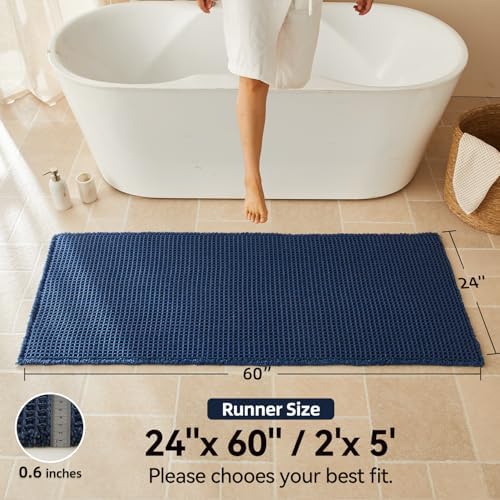 Triohero Waffle Runner Rug Bathroom, Long Boho Bath Mat, 24x60 Navy Blue