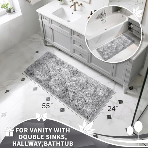 Yimobra Long Bathroom Rugs Runner 55x24 Inch, Extra Thick Soft Absorbent Chenille Bath Mat, Non Slip Machine Washable, Quick Dry Bath Rugs for Bathroom Floor, Tub and Shower, Light Grey