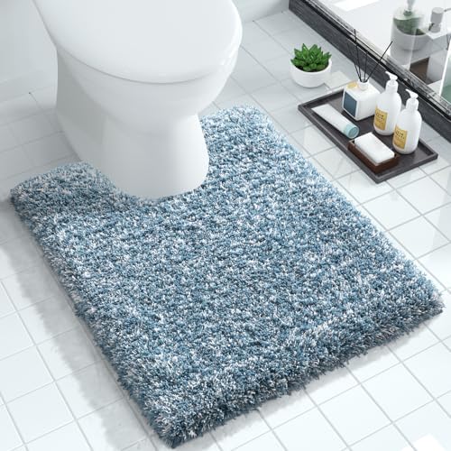 Yimobra Toilet Rugs U Shaped Washable 24X20, Ultra Soft and Water Absorbent Bath Mats, Non Slip Fluffy Shaggy Luxury Microfiber Contour Bath Rugs for Toilet, Dry Quick, Denim Blue and White