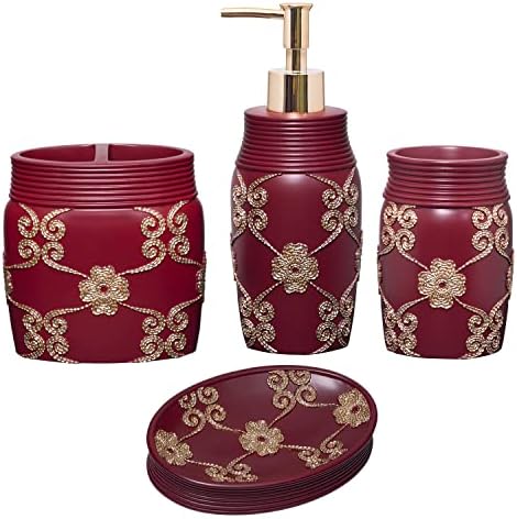 Zahari Home 4pc Elegant Rose Burgundy Bathroom Set Classic Bathroom Lotion Dispenser, Tumbler, Toothbrush Case and Bar Soap Holder Modern Uunique Design Burgundy Red Bathroom Accessories