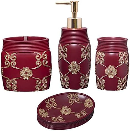 Zahari Home 4pc Elegant Rose Burgundy Bathroom Set Classic Bathroom Lotion Dispenser, Tumbler, Toothbrush Case and Bar Soap Holder Modern Uunique Design Burgundy Red Bathroom Accessories