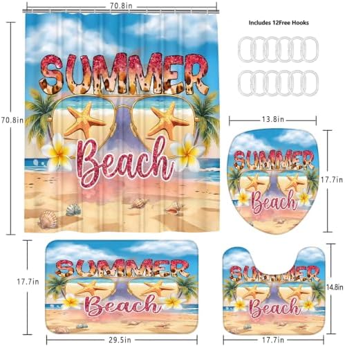 LQCOOL Beach Scene Shower Curtain Set 4Pcs Summery Bathroom Sets with Rugs Waterproof Shower Curtain with 12 Hooks for Bathroom Decor