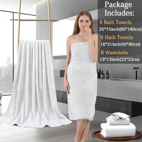8-Piece White Bath Towels Set,2 Oversized Large Bath Towels Sheet,2 Hand Towels and 4 Washcloths - 600 GSM Soft Luxury Towel Set,Highly Absorbent Quick Dry Towel Collection for Bathroom,Hotel and Spa