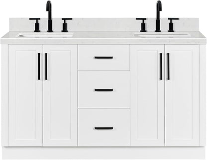ARIEL Loren 60-inch Bathroom Vanity with Sink,Solid Wood, 1.5-inch Carrara White Quartz Countertop, Double Rectangular Porcelain Sink, 4 Soft Closing Doors, 3 Dovetail Drawers, White