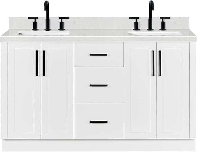 ARIEL Loren 60-inch Bathroom Vanity with Sink,Solid Wood, 1.5-inch Carrara White Quartz Countertop, Double Rectangular Porcelain Sink, 4 Soft Closing Doors, 3 Dovetail Drawers, White