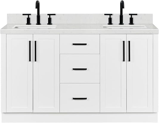 ARIEL Loren 60-inch Bathroom Vanity with Sink,Solid Wood, 1.5-inch Carrara White Quartz Countertop, Double Rectangular Porcelain Sink, 4 Soft Closing Doors, 3 Dovetail Drawers, White