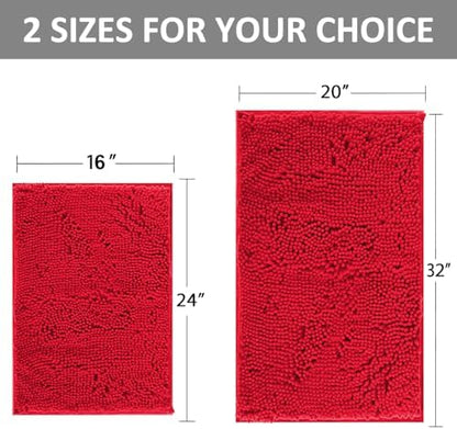 RUN HELIX Bathroom Rugs, Chenille Bath Mat, Non-Slip, Machine Washable Bath Rugs - Ultra Soft Bath Mats, Dries Quickly, Bathroom Rug Set of 2 Red Batroom Mats Set-32x20+24x16 Inch Christmas Rug