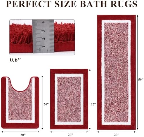 Pauwer Bathroom Rug Sets 3 Piece, Non Slip Washable Bath Mat, Red