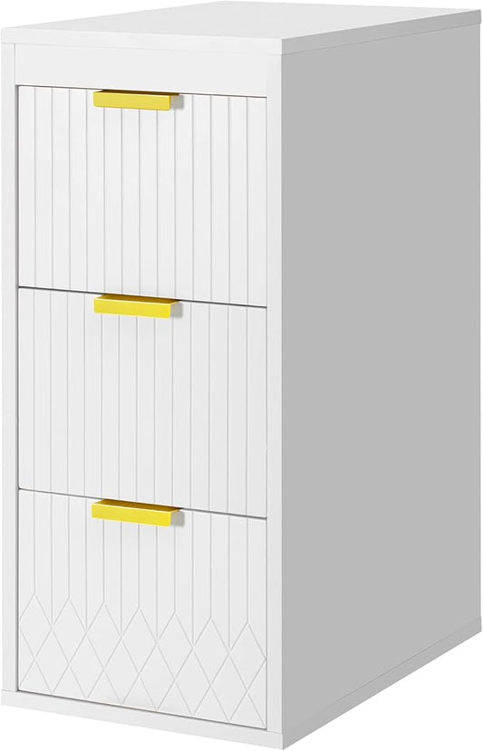 12 Inch Floating Bathroom Side Cabinet, Wall Mounted Bathroom Storage Cabinet with 3 Drawers, Modern Slim Organizer with Decor Line, Gold Metal Pulls