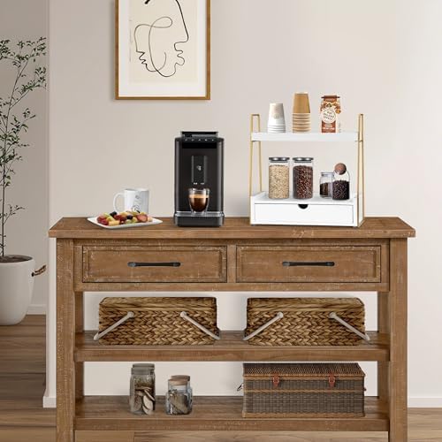 2-Tier Bathroom Countertop Organizer with Drawer, Wood Vanity Shelf White