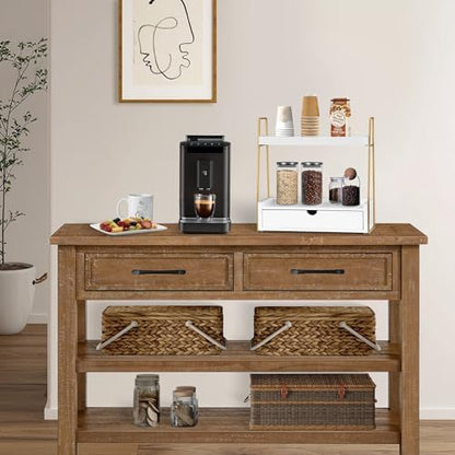 2-Tier Bathroom Countertop Organizer with Drawer, Wood Vanity Shelf White