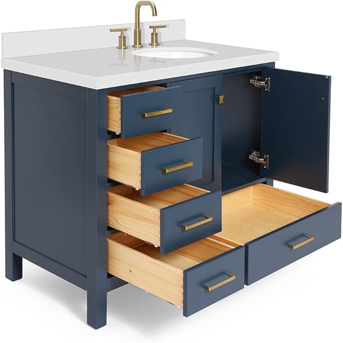 ARIEL Cambridge 42-inch Bathroom Vanity with Sink,Solid Wood, 1.5-inch Pure White Quartz Countertop & Backsplash, Single Oval Porcelain Sink, 2 Soft Closing Doors, 5 Dovetail Drawers, Midnight Blue