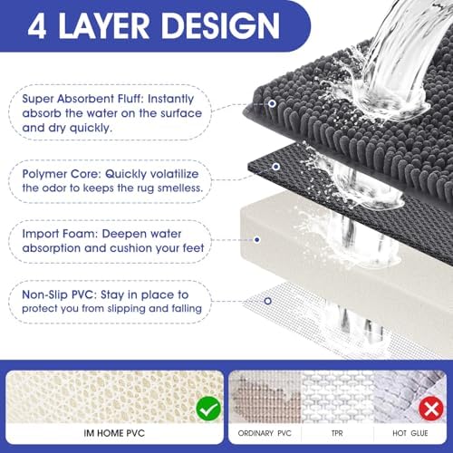 ACCUMTEK Striped Grey Bathroom Rug Mat 59"x20" Ultra Soft, Non Slip Chenille Bath Rugs, Absorbent Plush Shaggy Bath Mats for Bathroom, Bedroom, Kitchen, Shower, Tub,Dark Gray, Charcoal