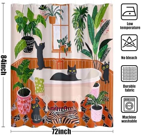 Funny Cat Shower Curtain Boho Cute Fun Black Cats Matisse Shower Curtains for Bathroom Kitten Green Tropical Plant Leaves Beige Brown Red Waterproof Fabric Bath Curtain Decor 72 X 78 Inches