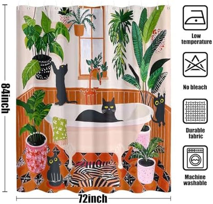 Funny Cat Shower Curtain Boho Cute Fun Black Cats Matisse Shower Curtains for Bathroom Kitten Green Tropical Plant Leaves Beige Brown Red Waterproof Fabric Bath Curtain Decor 72 X 78 Inches