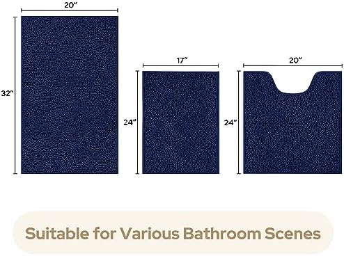 HOMEIDEAS Navy Blue Chenille Bathroom Rugs Set of 3, Non Slip Bath Mat