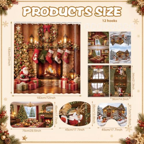 FuWeave 8Pcs Vintage Christmas Shower Curtain Set, Rustic Fireplace Cabin Bathroom Decor with Santa Reindeer & Xmas Stocking, Non Slip Pine Tree Bath Mat, Toilet Lid Cover, Hand Towels and 12 Hooks