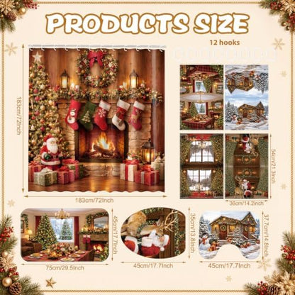 FuWeave 8Pcs Vintage Christmas Shower Curtain Set, Rustic Fireplace Cabin Bathroom Decor with Santa Reindeer & Xmas Stocking, Non Slip Pine Tree Bath Mat, Toilet Lid Cover, Hand Towels and 12 Hooks