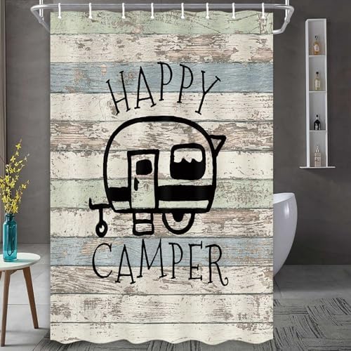 Happy Campers Shower Curtain Retro Rustic Wood Neutral Color For Travel Trailer Camping Motor RV Bathroom Stall Shower Curtain Set, Small Size Waterproof Fabric Shower Cutain, Hooks Include 47x72