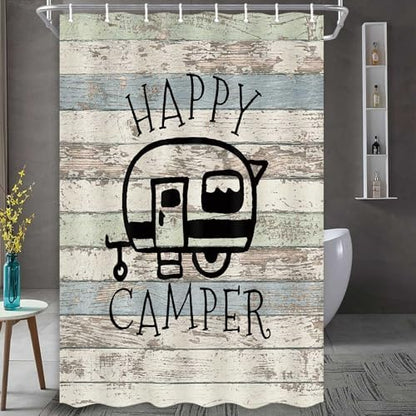 Happy Campers Shower Curtain Retro Rustic Wood Neutral Color For Travel Trailer Camping Motor RV Bathroom Stall Shower Curtain Set, Small Size Waterproof Fabric Shower Cutain, Hooks Include 47x72