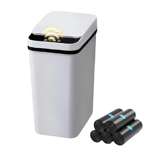 FRESHLIX Bathroom Trash Can 2.6 Gallon Automatic Small Garbage Can with Lid, Slim Motion Sensor Plastic Narrow Trash Bin for Bedroom, Kitchen, Office (A-Basic Battery Supply-Grey, 1 Pack(2.6 Gallon))