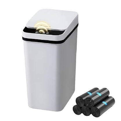 FRESHLIX Bathroom Trash Can 2.6 Gallon Automatic Small Garbage Can with Lid, Slim Motion Sensor Plastic Narrow Trash Bin for Bedroom, Kitchen, Office (A-Basic Battery Supply-Grey, 1 Pack(2.6 Gallon))