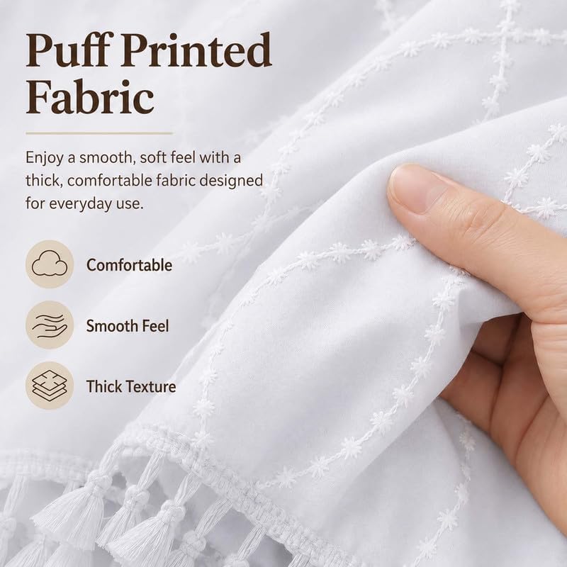 OVZME Extra Long White Shower Curtain 96 Inch Long, Puff Printed Textured Shower Curtain with Tassels, Tall Farmhouse Geometry Bathroom Curtain, Water Resistant Fabric, 72Wx96L Inches