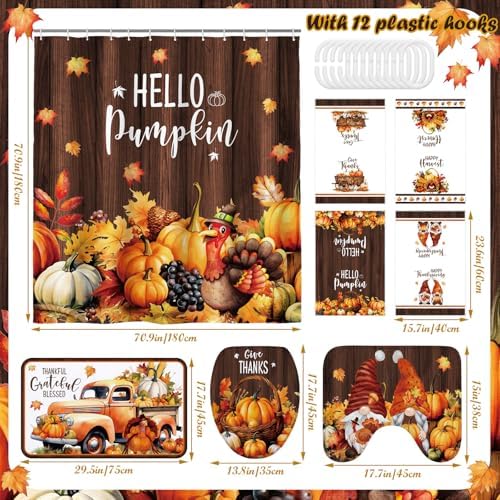 Honoson 8 Pcs Fall Shower Curtain Set Pumpkin Bathroom Decor