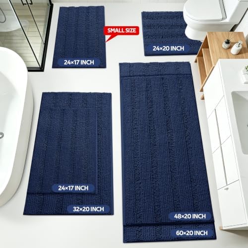 ACCUMTEK Striped Navy Blue Toilet Bathroom Rug Mat Set 2 piece Rug Ultra Soft, Non Slip Chenille Bath Rugs, Absorbent Plush Shaggy Bath Mats for Bathroom, Bedroom, Kitchen, Shower, Tub