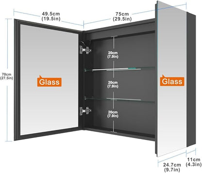 30x28 Inch Two Doors Aluminum LED Bathroom Medicine Cabinet with Mirror | Light Adjustment, Anti-Fog, Sockets&USBs, High Capacity, Easy to Install