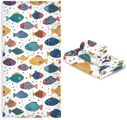 Naanle Stylish Decorative Fishes Pattern Soft Luxury Decorative Set of 3 Towels, 1 Bath Towel+1 Hand Towel+1 Washcloth, Multipurpose for Bathroom, Hotel, Gym, Spa and Beach