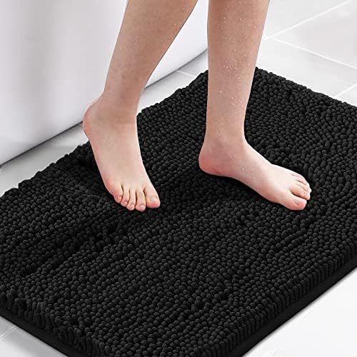 H.VERSAILTEX 20x32 Bath Mat Non-Slip Bathroom Rug Shag Shower Mat Machine-Washable Bath Mats with Water Absorbent Soft Microfibers Chenille Plush Rugs - Black