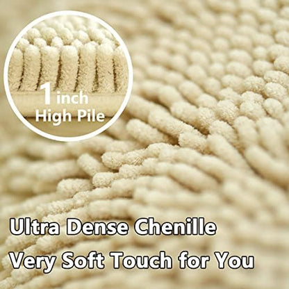 Bath Rugs Chenille 3-Piece Extra Soft and Absorbent Shag Beige Bathroom Rugs, Machine Wash Mat, Strong PVC Non-Slip Underside, Plush Carpet Mats (Beige)