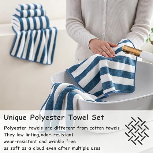 18 Pcs Navy Stripe Bath Towel Set with Hanging Loop-6 Bath Towels,6 Hand Towels,6 Washcloths Soft Family Towels Set Bathroom Towel Highly Absorbent Quick Dry Shower Towel for Beach Spa Gym Hotel