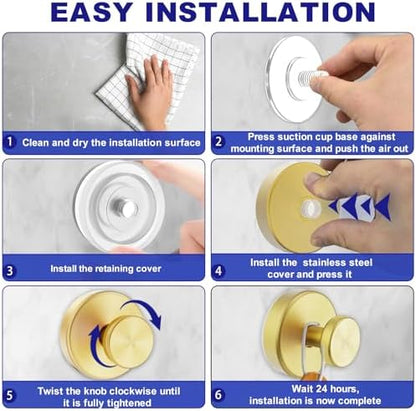 Bntuk Suction Cup Hooks for Shower, Towel Hooks for Bathroom Window Glass, Bath Robe Looafh Hook for Hanging - 2 Pack, Gold