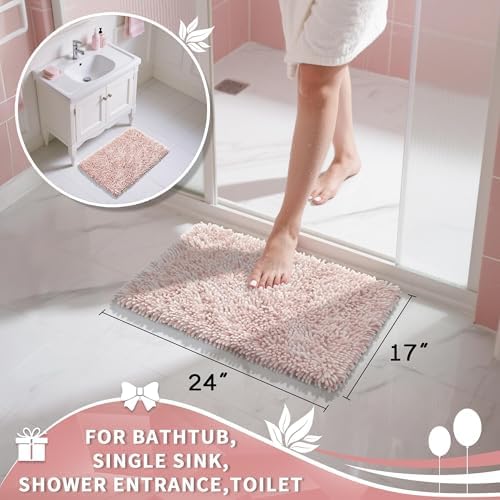 Yimobra Chenille Bathroom Rugs Non Slip, Extra Thick Soft Absorbent Bath Rug, Machine Washable Quick Dry Bath Mat for Bathroom Floor, Tub and Shower, Home Decor Accessories, 24x17, Pink