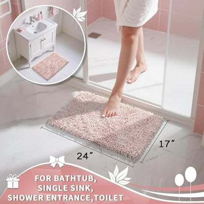 Yimobra Chenille Bathroom Rugs Non Slip, Extra Thick Soft Absorbent Bath Rug, Machine Washable Quick Dry Bath Mat for Bathroom Floor, Tub and Shower, Home Decor Accessories, 24x17, Pink
